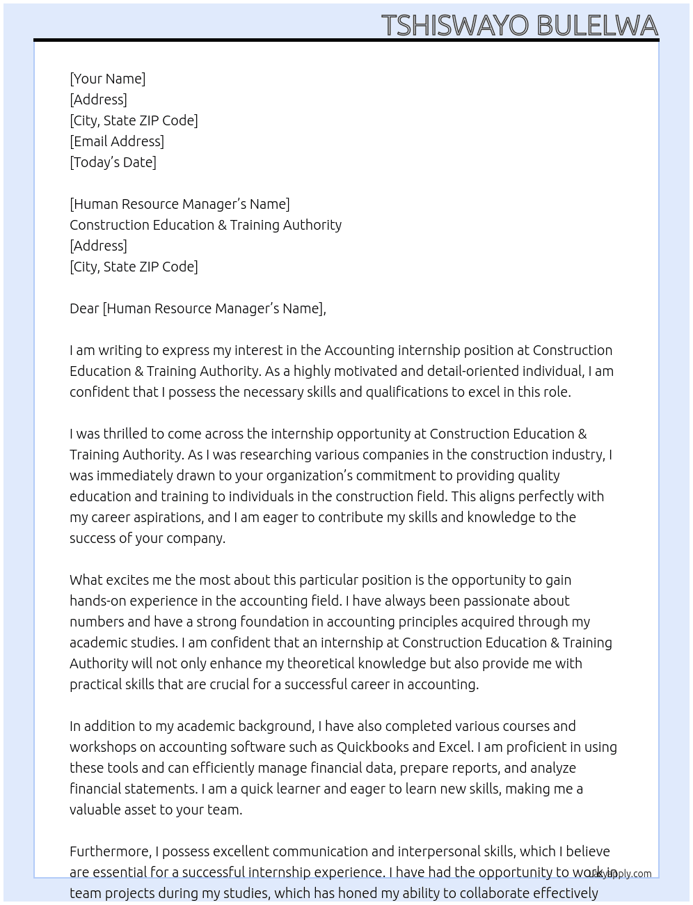 Accounting internship At Construction Education & Training Authority Cover Letter