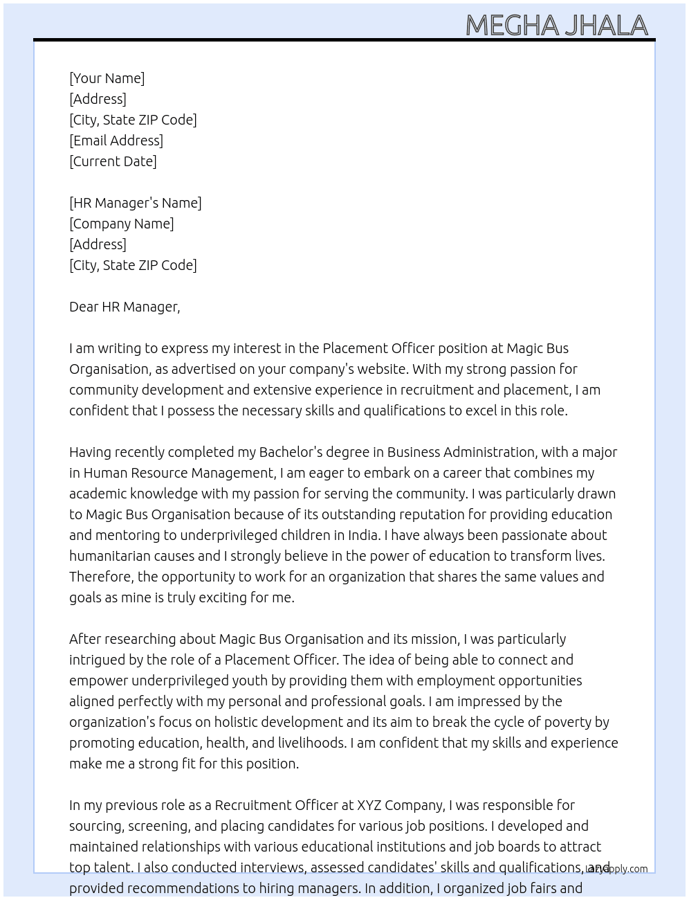 Placement officer  At Magic bus organisation  Cover Letter