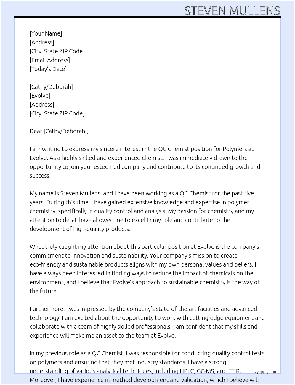 QC Chemist - Polymers At Evolve Cover Letter