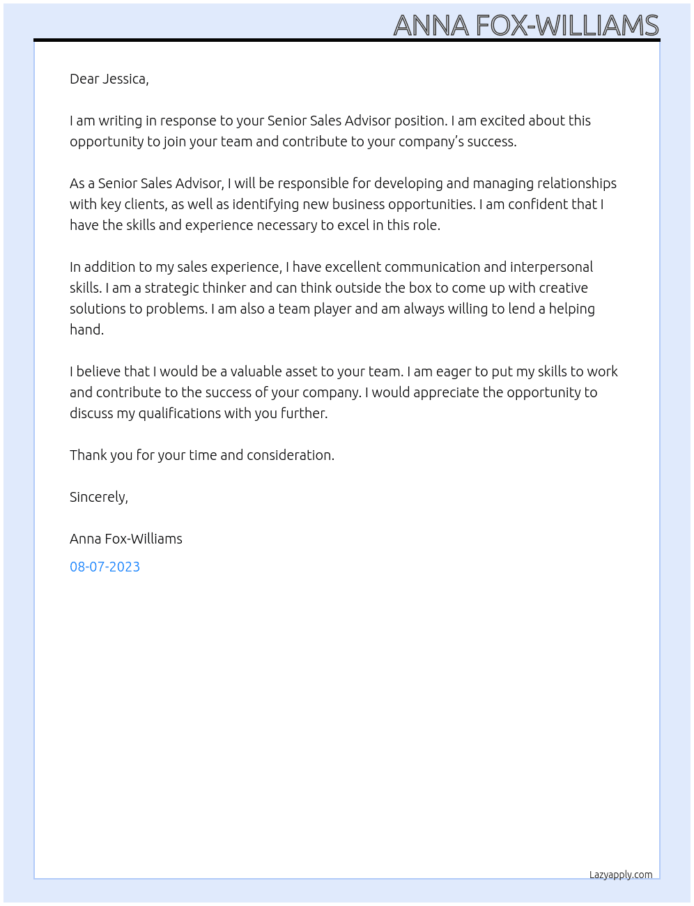 Senior Sales Advisor At Jessica McCormack Cover Letter