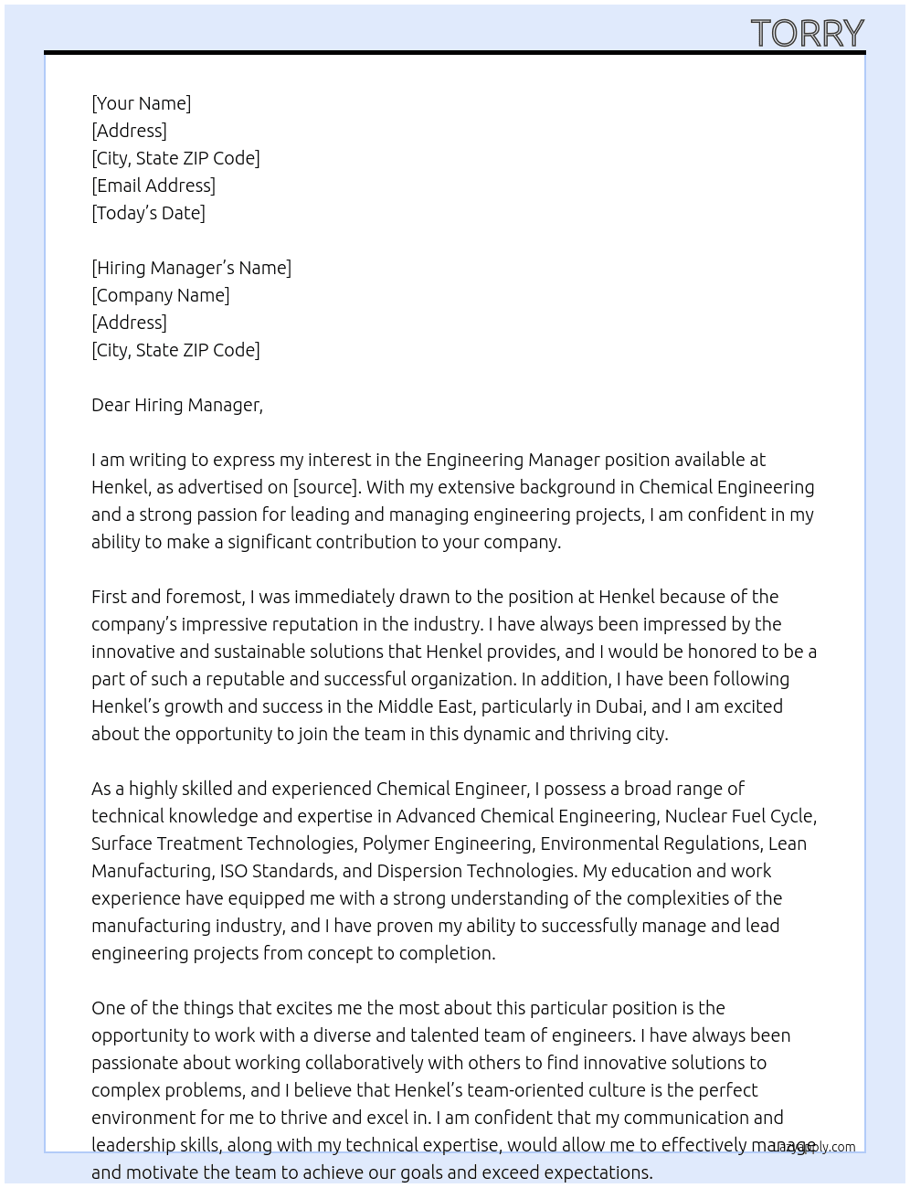 Engineering Manager At Henkel Cover Letter