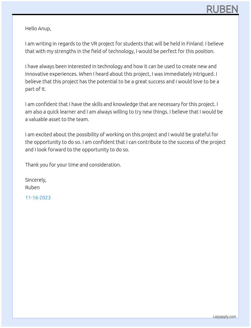 Participate in VR Project for students to be held in Finland. Strengths in the field of technology  At Tartu Katoliku Hariduskeskus Cover Letter