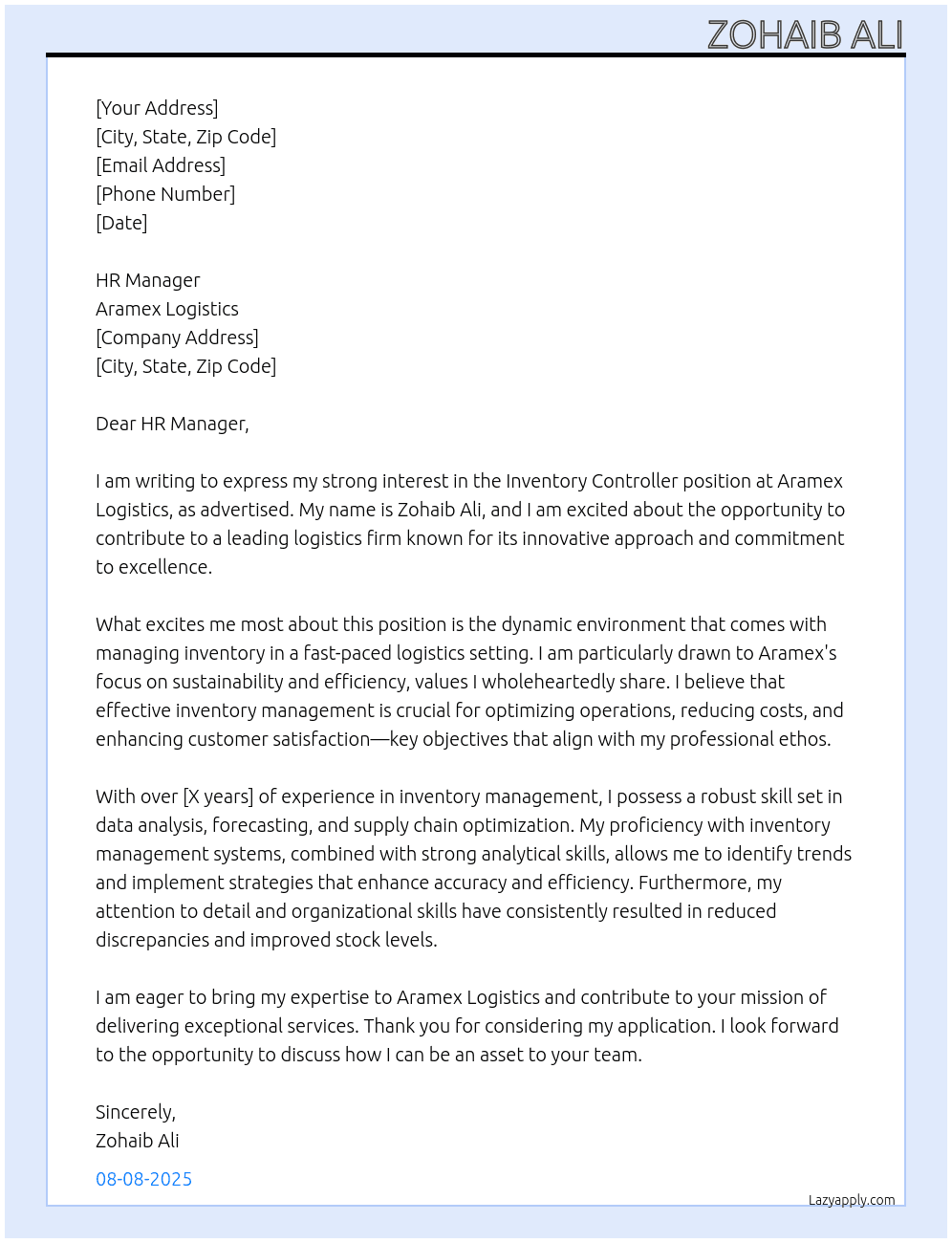 Inventory controller  At Aramex logistics  Cover Letter