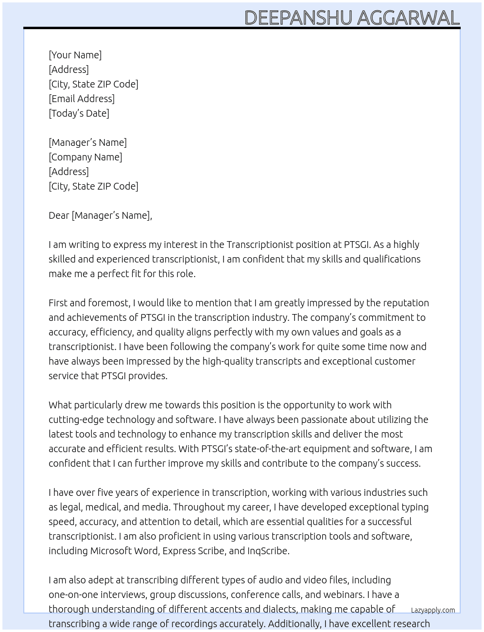 transcriptionist At PTSGI Cover Letter