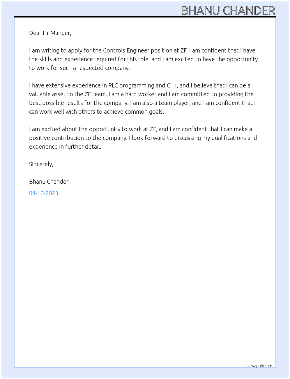Controls Engineer At ZF Cover Letter