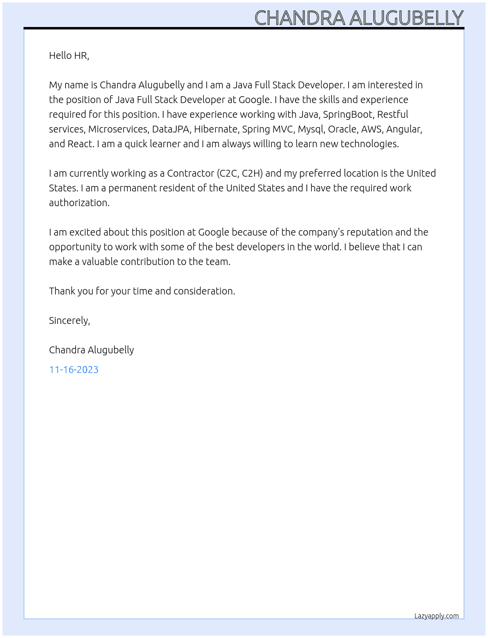 Java Full Stack Developer At Google Cover Letter