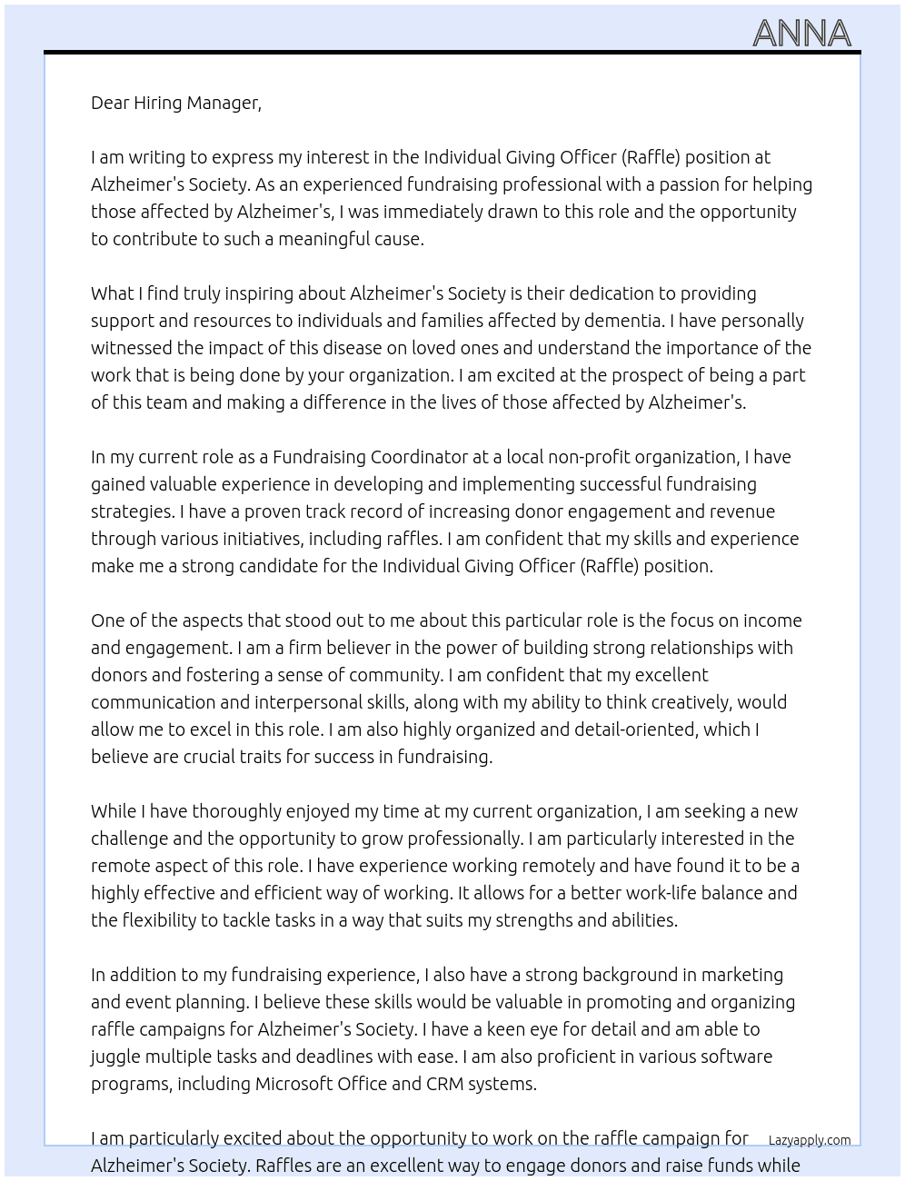 Individual giving officer (raffle)  At Alzheimer’s society  Cover Letter