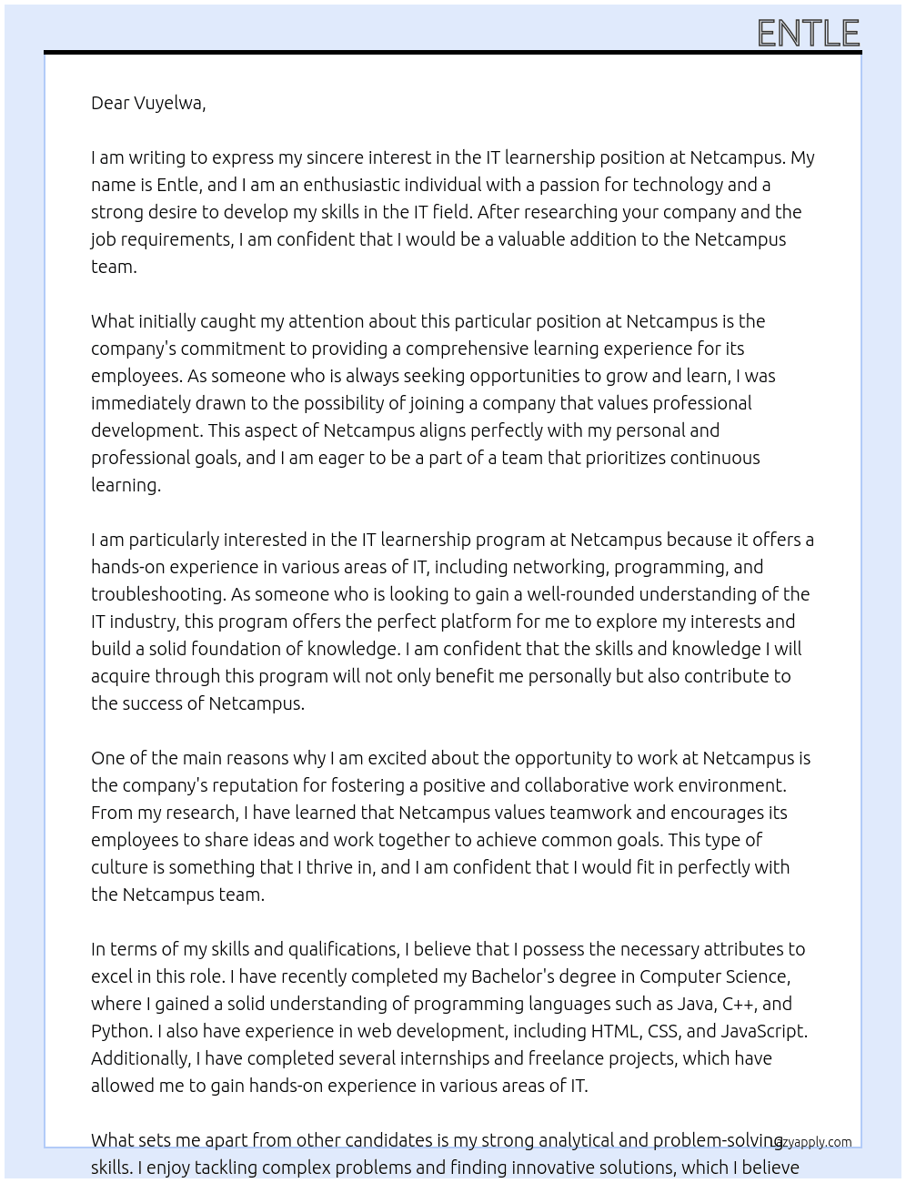it learnership At netcampus Cover Letter