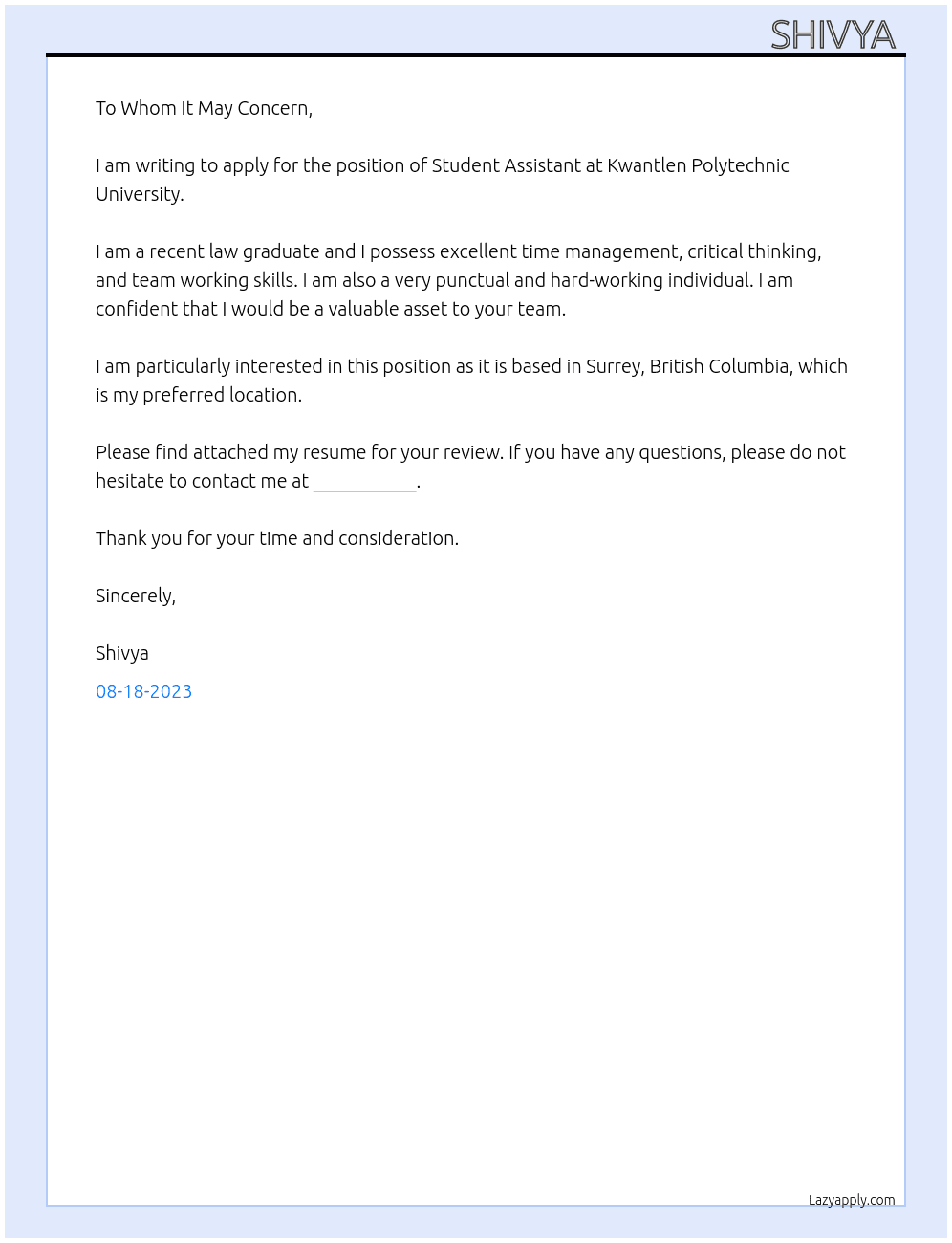 student assistant At Kwantlen polytechnic University Cover Letter