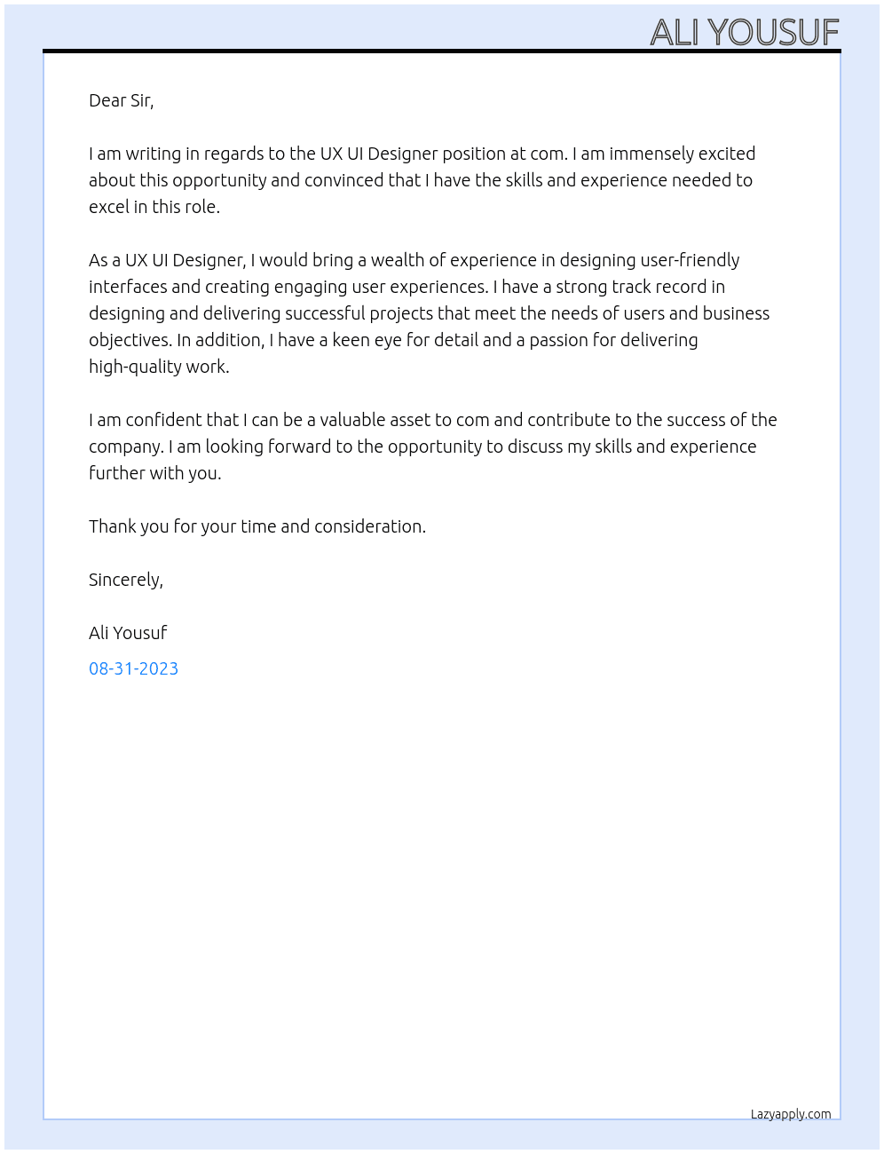 UX UI Designer At com Cover Letter