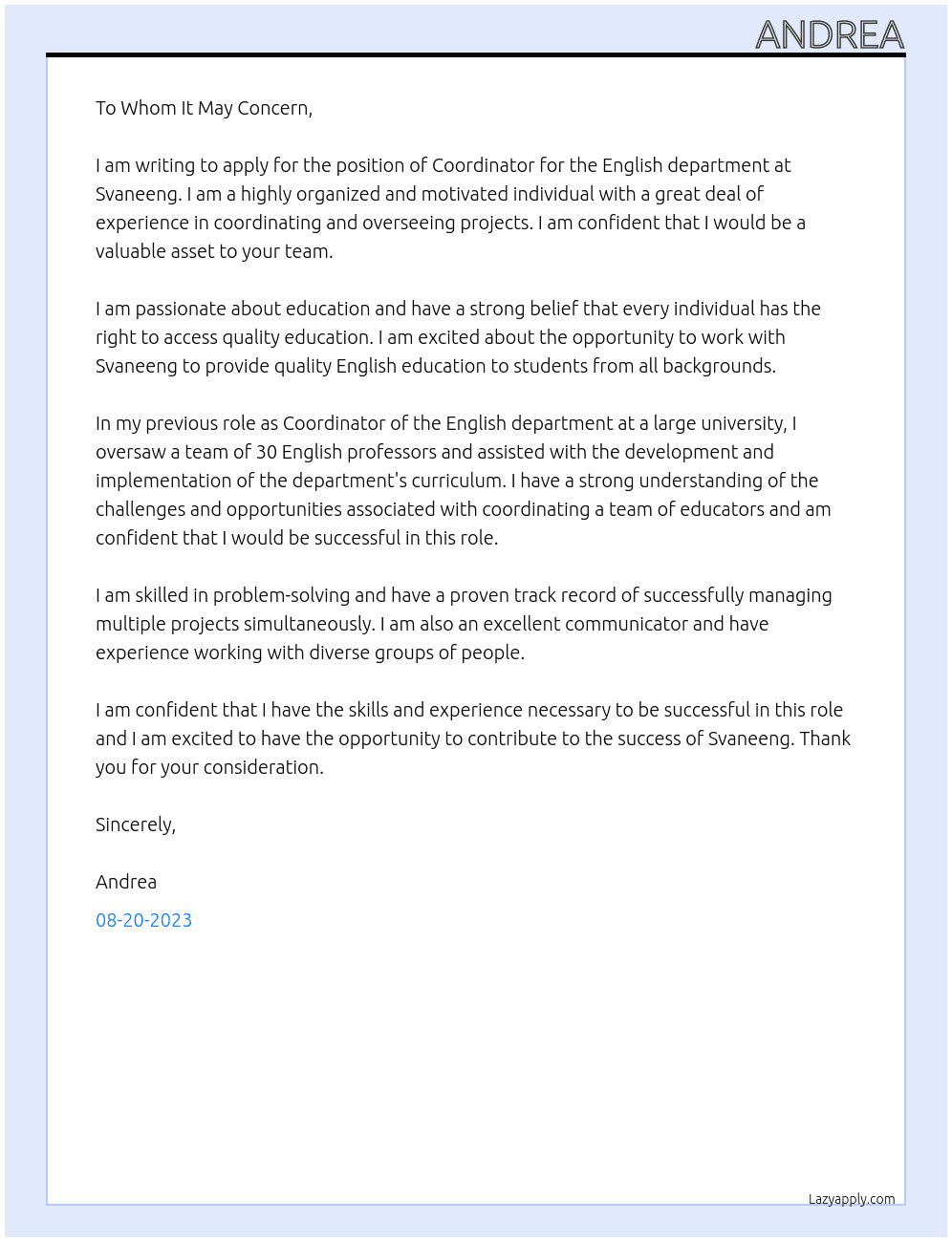 Coordinator for the English department At Svaneeng Cover Letter