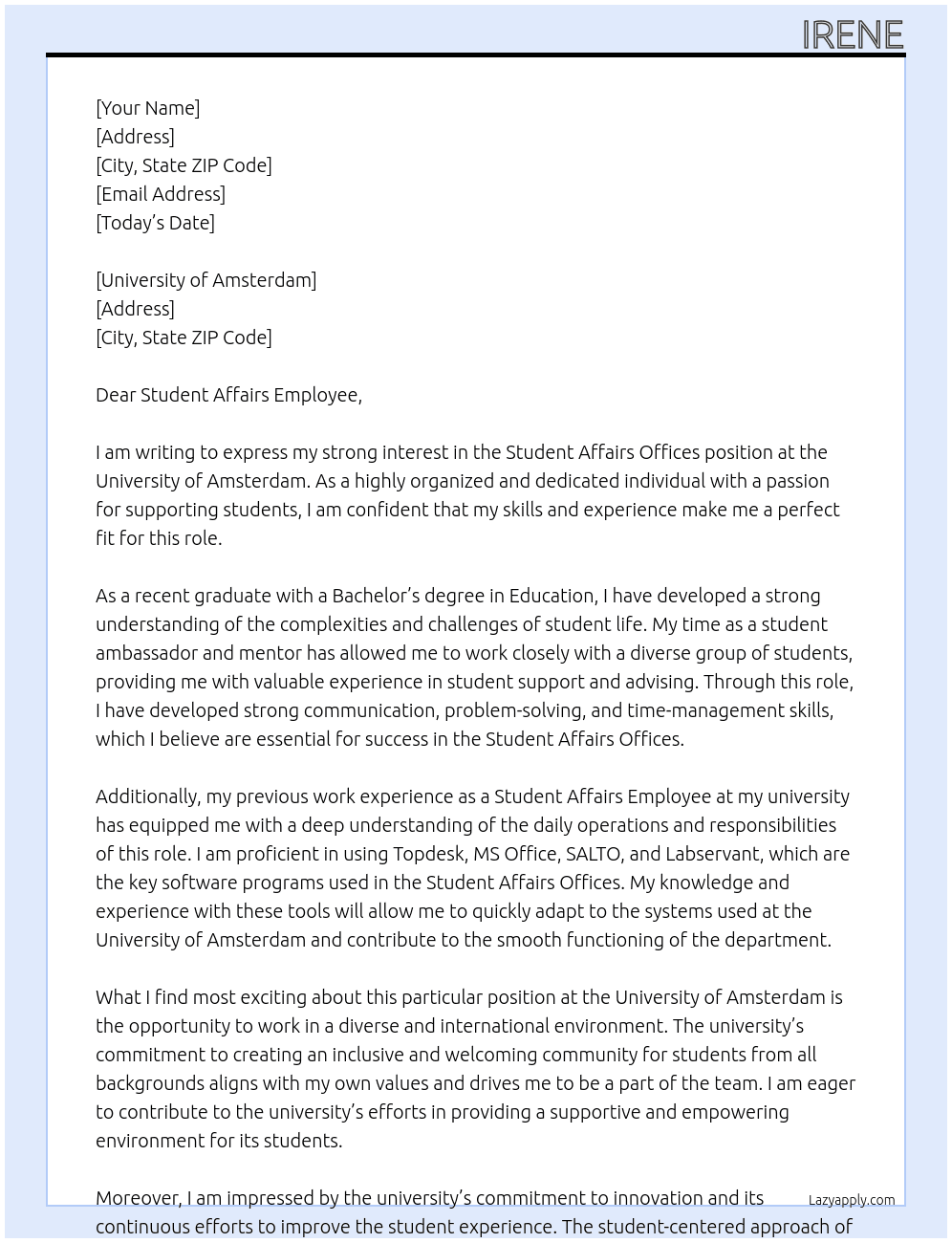 student affairs offices At University of Amsterdam Cover Letter