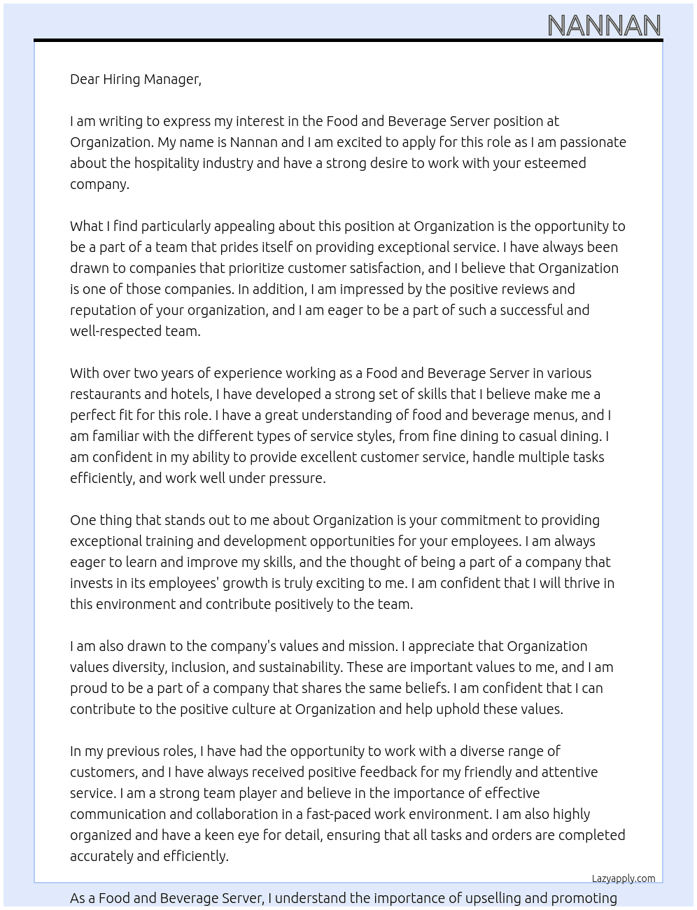 Food and Beverage Server At Organization Cover Letter