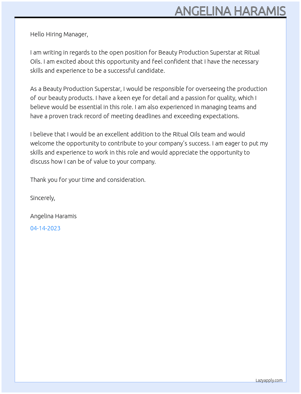 Beauty Production Superstar  At Ritual Oils Cover Letter
