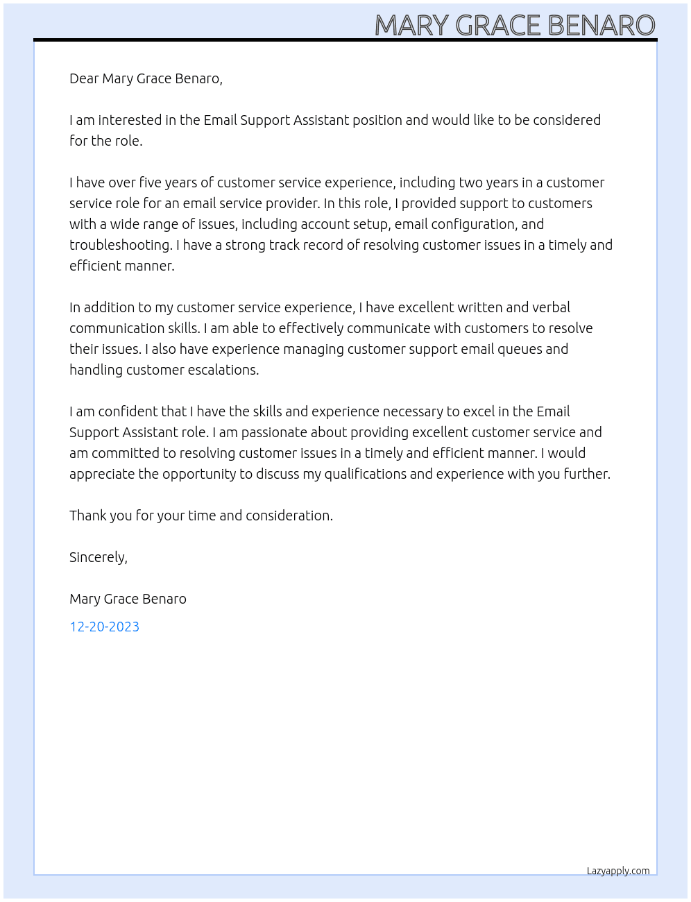Email Support Assistant At Mary Grace Benaro Cover Letter