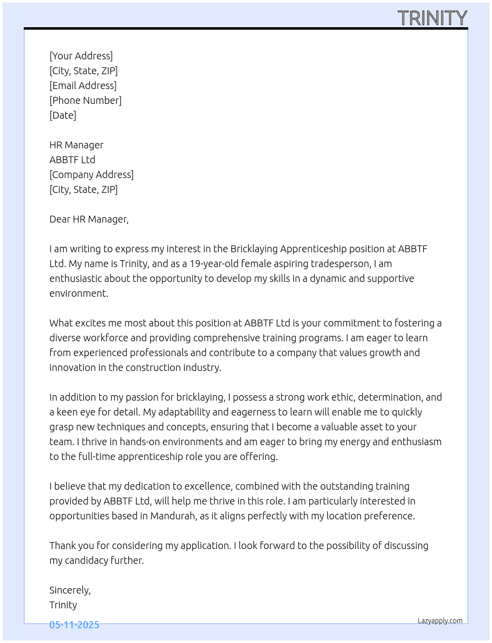 Apprenticeships - Bricklaying At ABBTF lTD Cover Letter