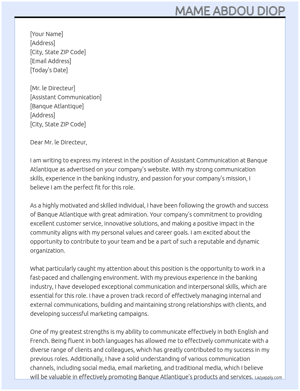 Assistant Communication  At Banque Atlantique  Cover Letter