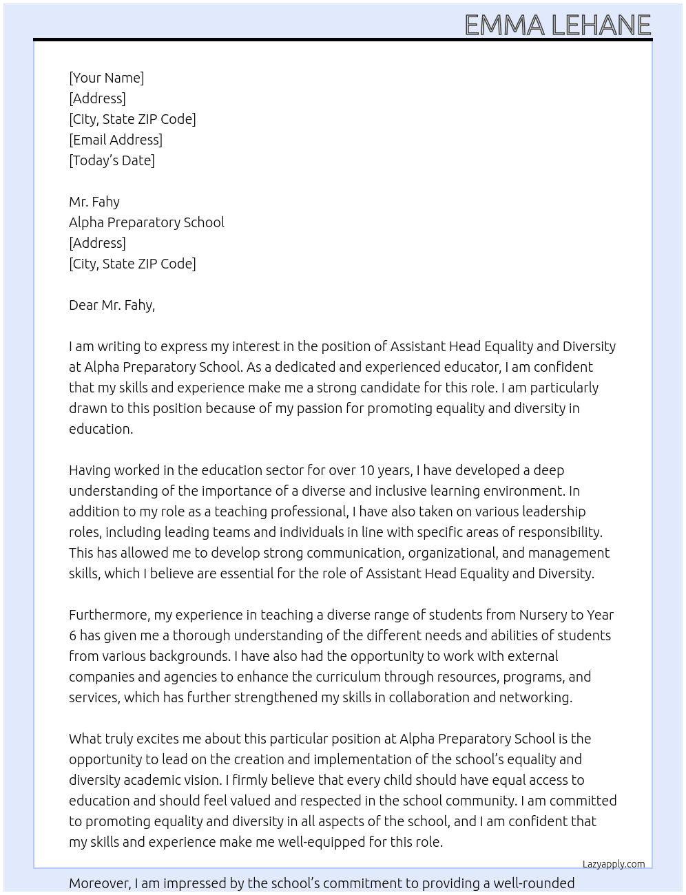 Assistant Head Equality and diversity At Alpha Preparatory School Cover Letter