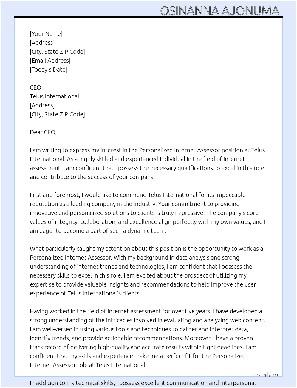 Personalized Internet Assessor  At Telus International  Cover Letter