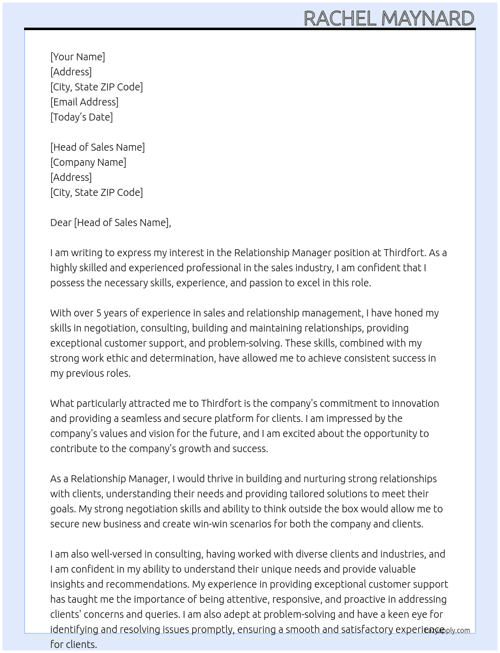 Relationship Manager At Thirdfort Cover Letter