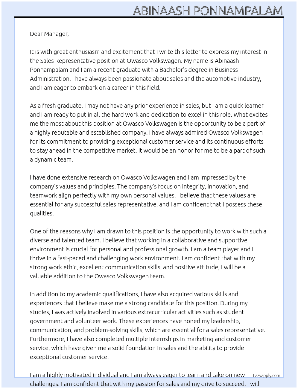 Sales Representative with No Experience  At Owasco Volkswagen  Cover Letter
