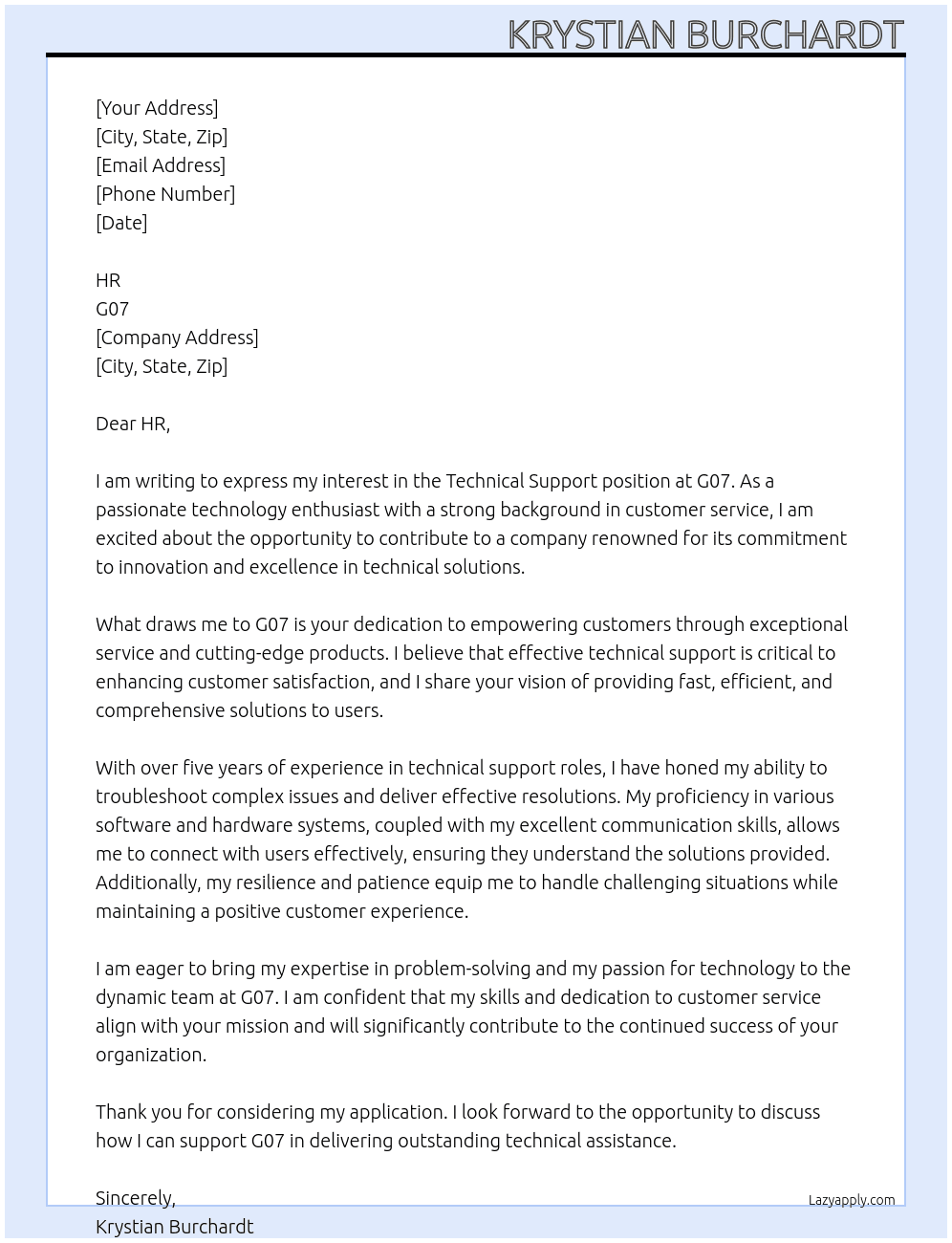 Technical Support At G07 Cover Letter
