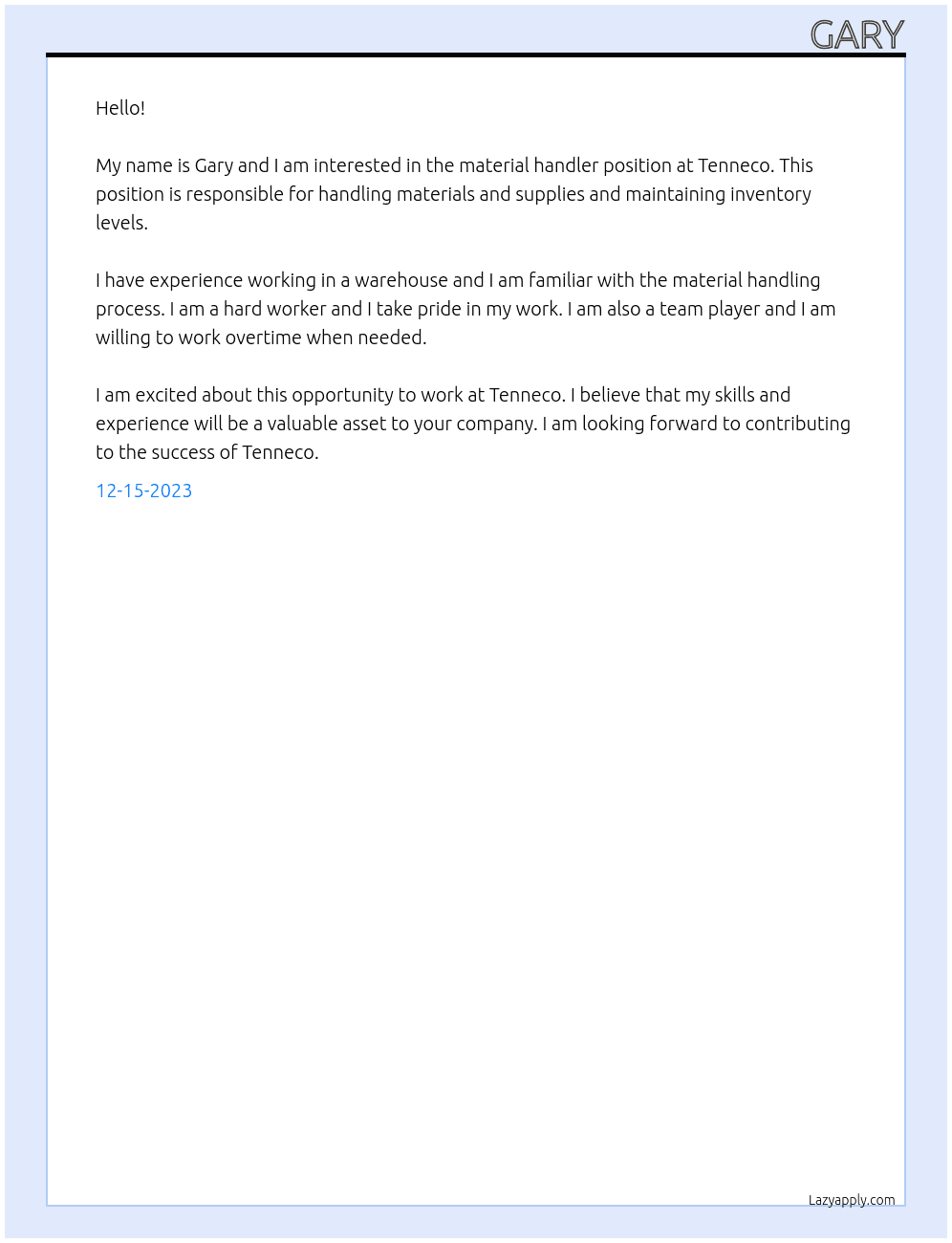 material handler At tenneco Cover Letter