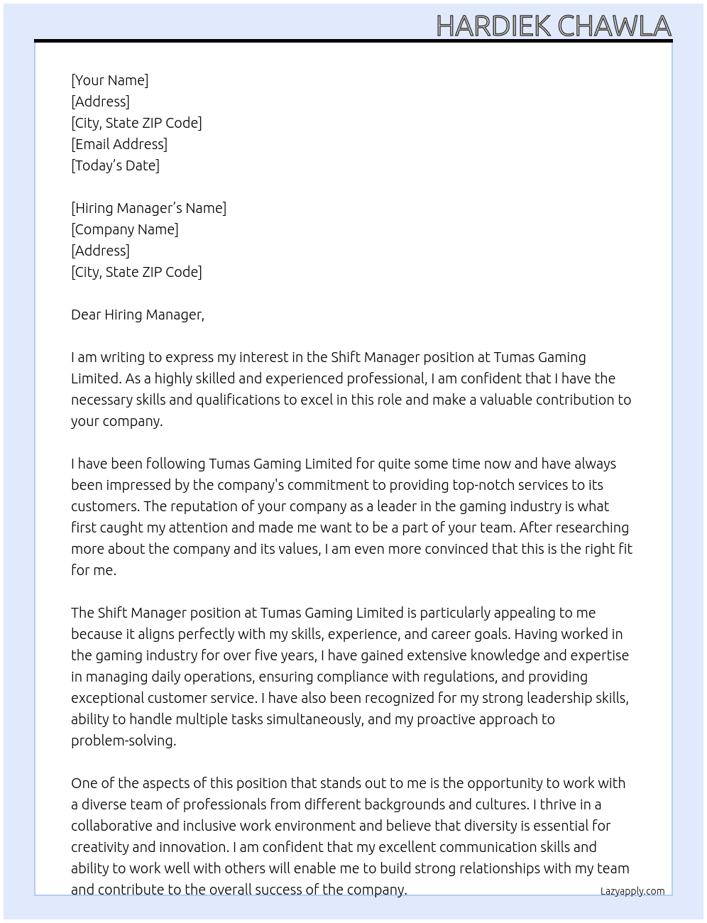 Shift Manager At Tumas Gaming Limited Cover Letter
