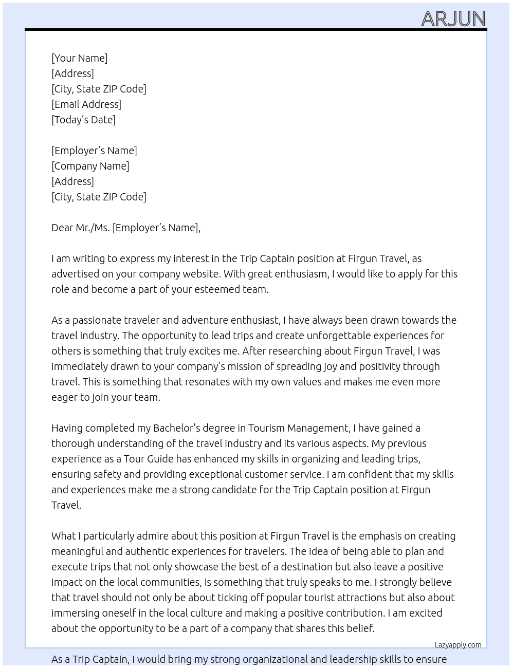 Trip captain  At Firgun travel Cover Letter
