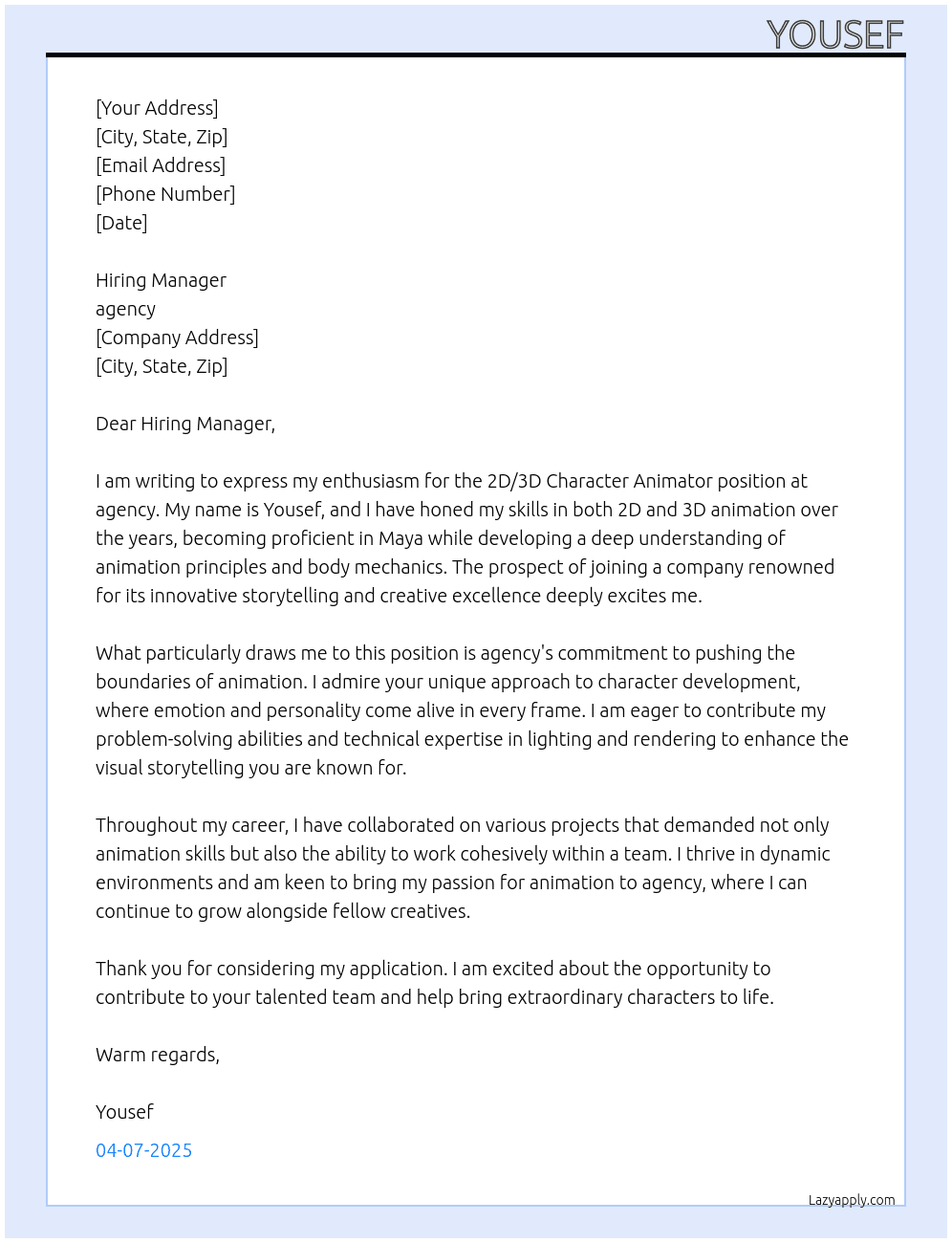 2D/3D Character Animator At agency Cover Letter