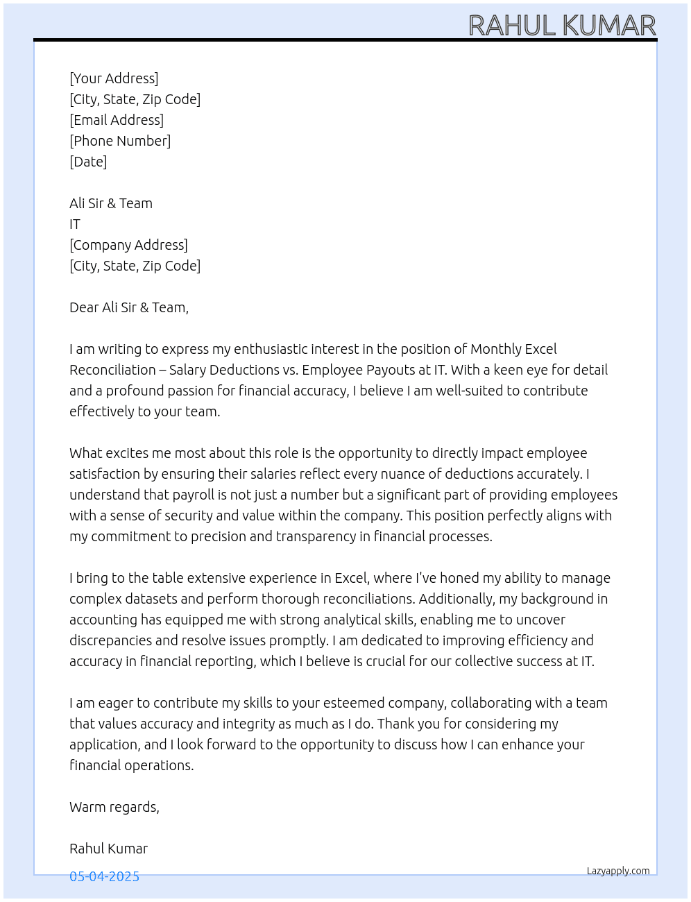 Monthly Excel Reconciliation – Salary Deductions vs. Employee Payouts At IT Cover Letter