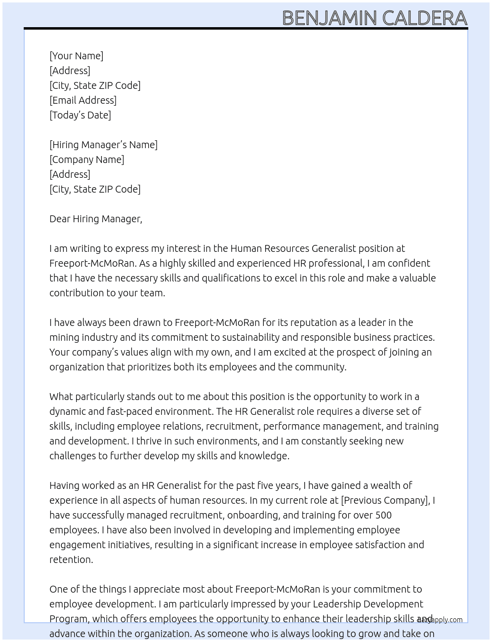Human Resources Generalist At Freeport-McMoRan Cover Letter