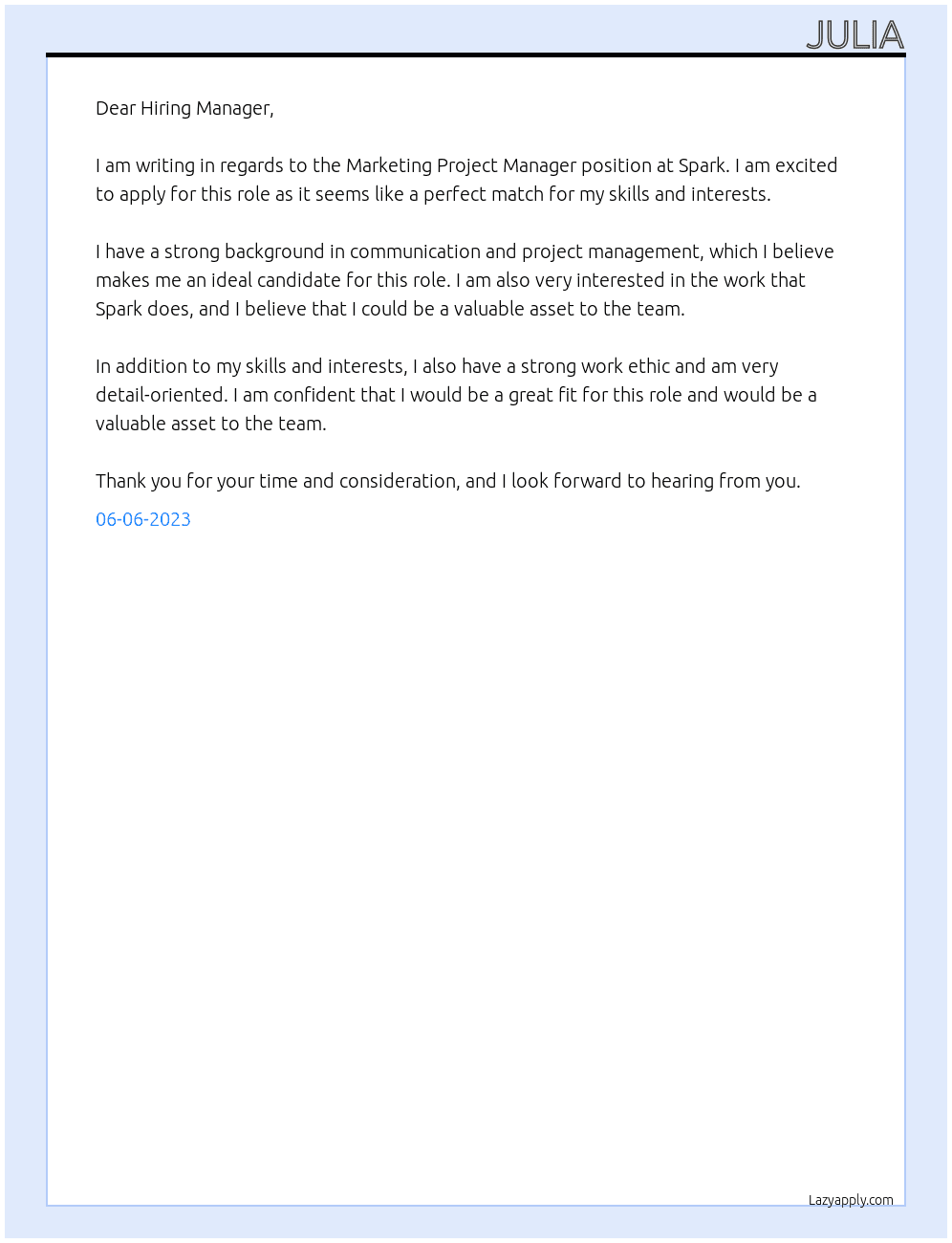 Marketing Project Manager At Spark Cover Letter