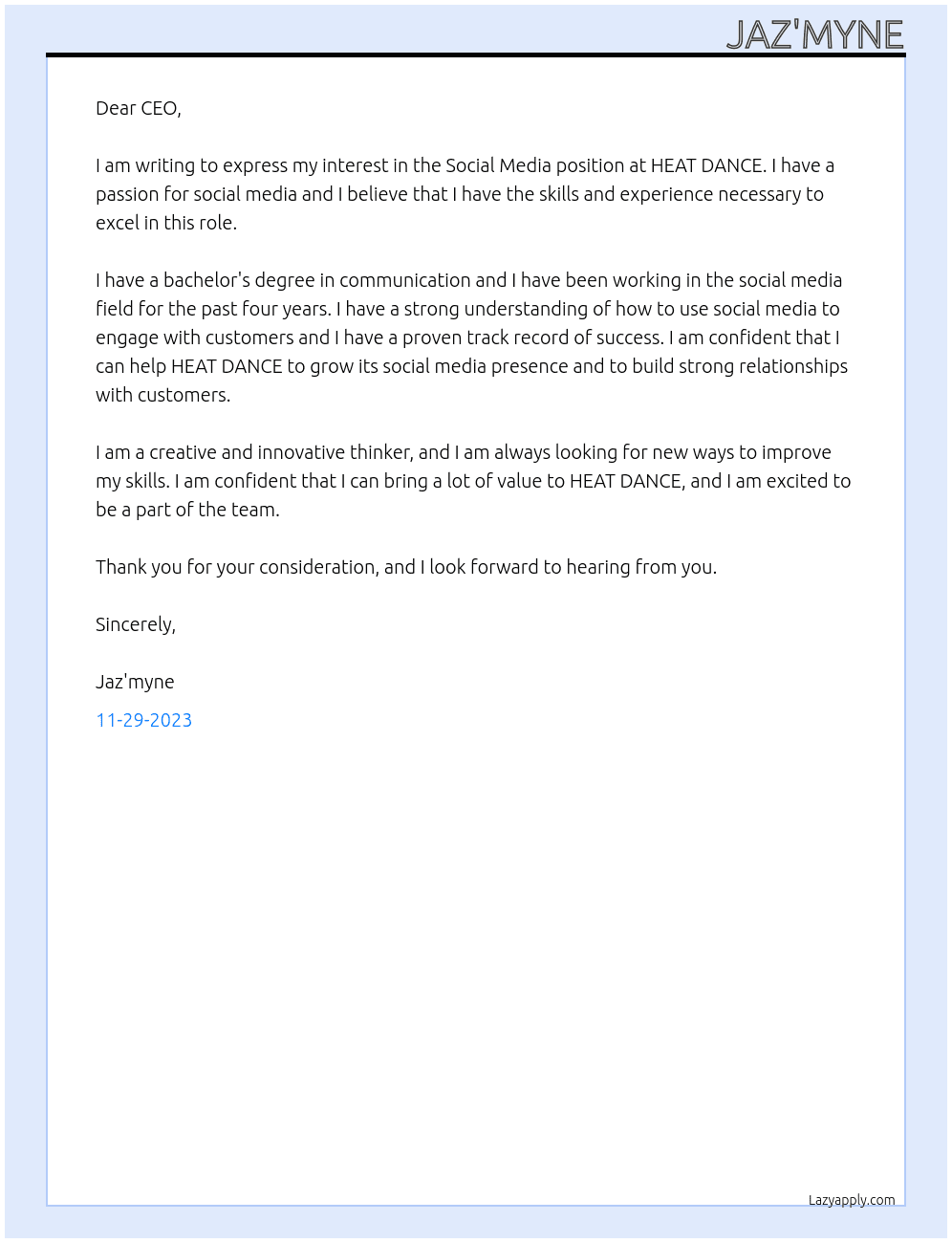 Social Media At HEAT DANCE Cover Letter