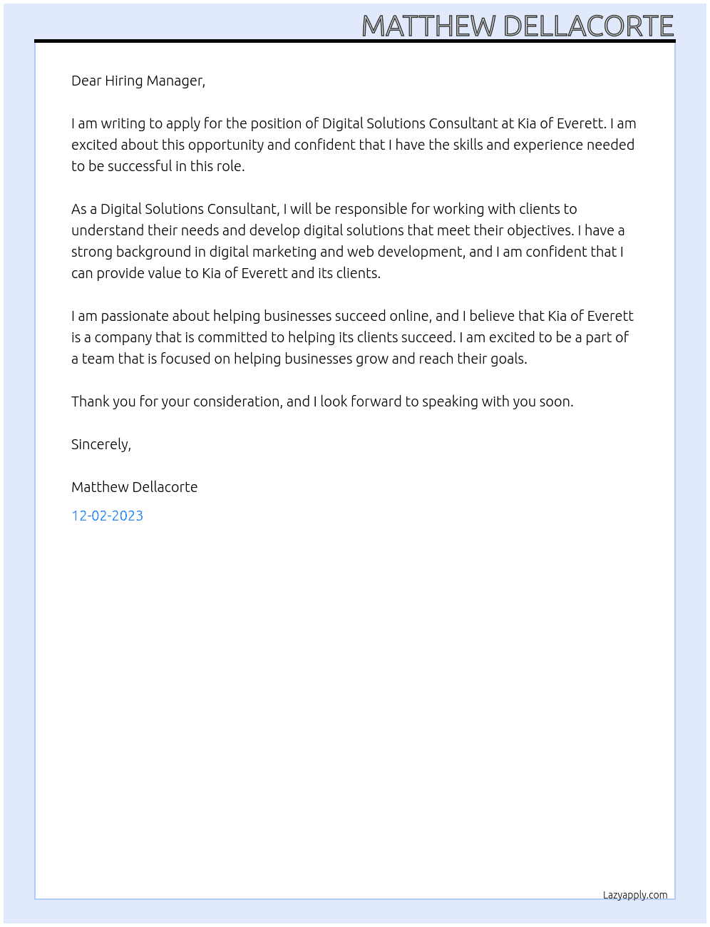 Digital Solutions Consultant At Kia of Everett Cover Letter