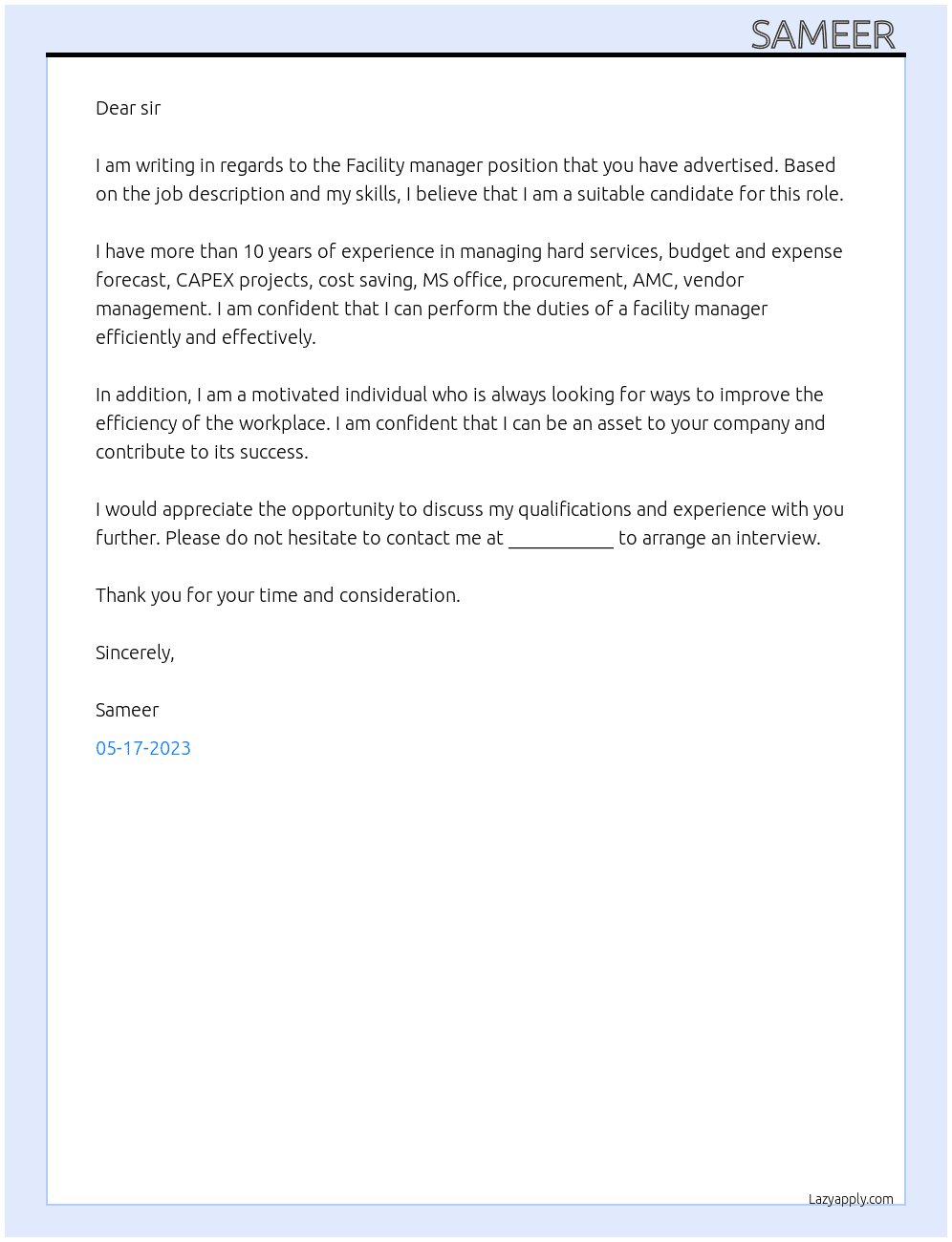 Facility manager At --- Cover Letter