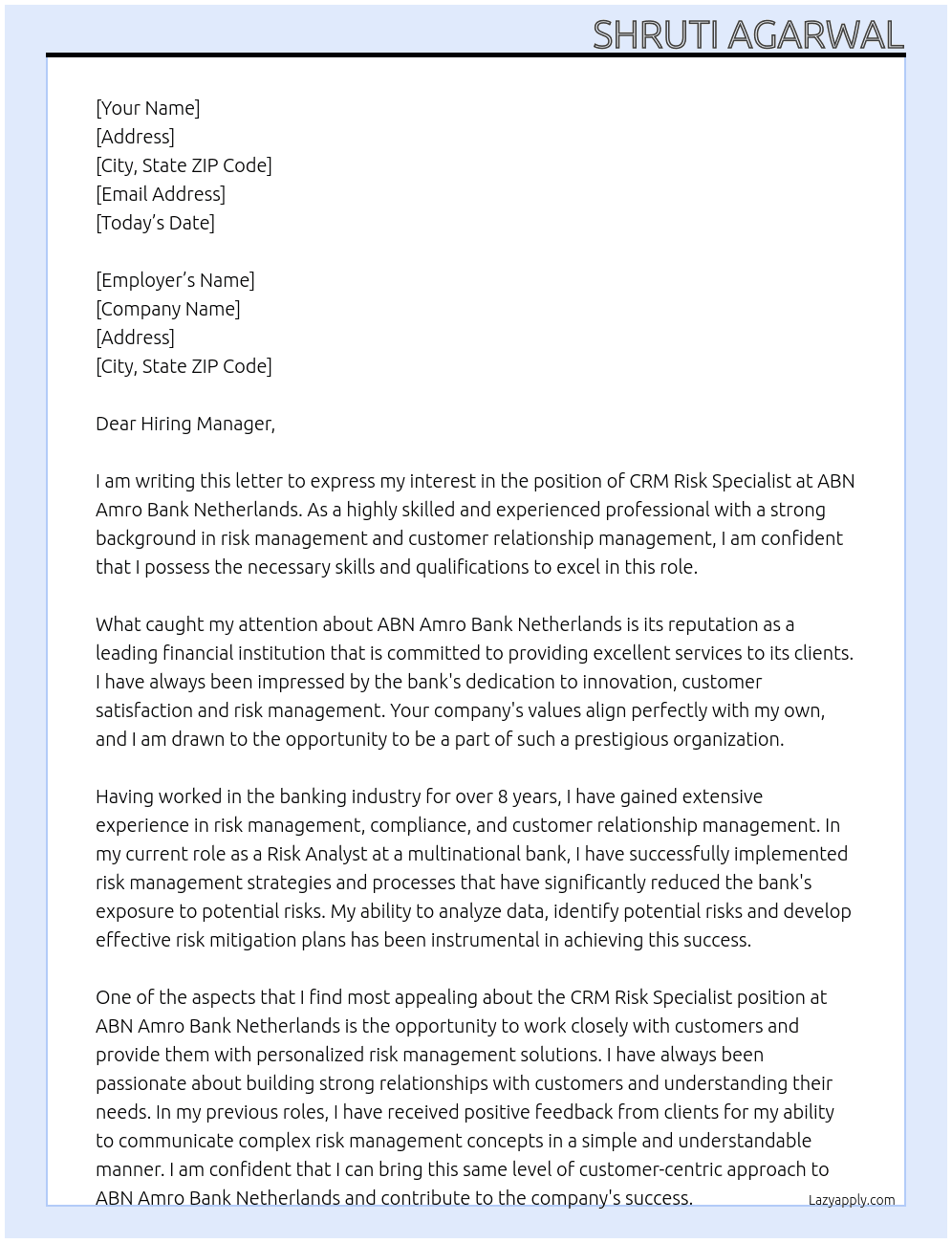 CRM Risk Specialist  At ABN Amro Bank Netherlands Cover Letter
