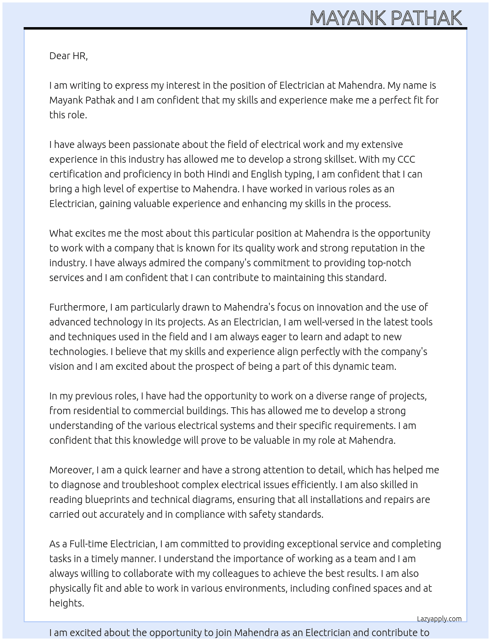 Electrician  At Mahendra  Cover Letter