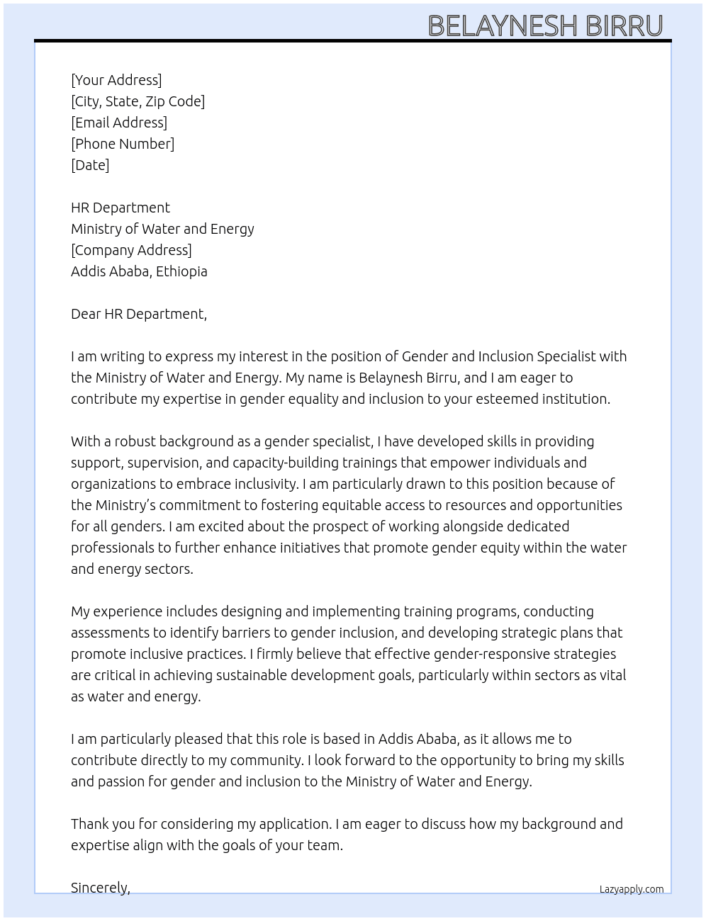 Gender and Inclusion specialist  At Ministry of water and energy  Cover Letter