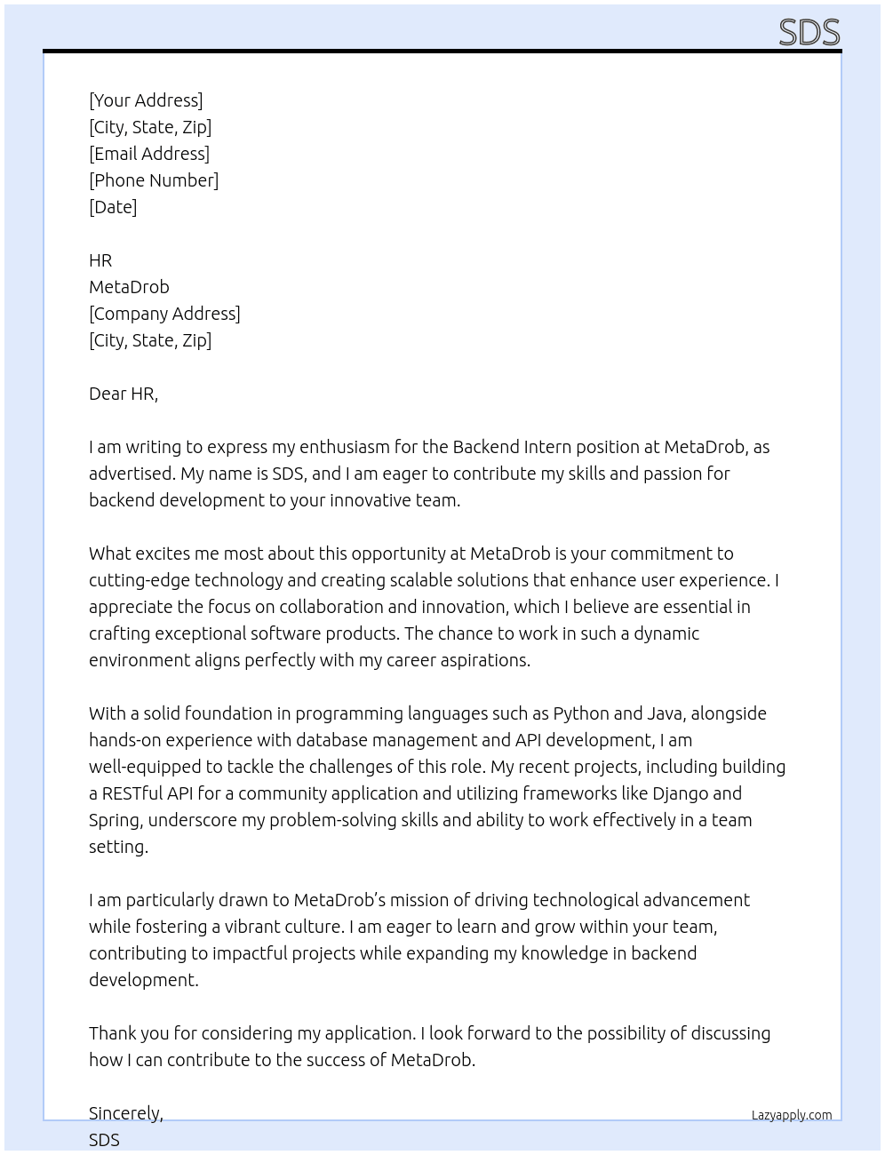 Backend Inter At MetaDrob Cover Letter