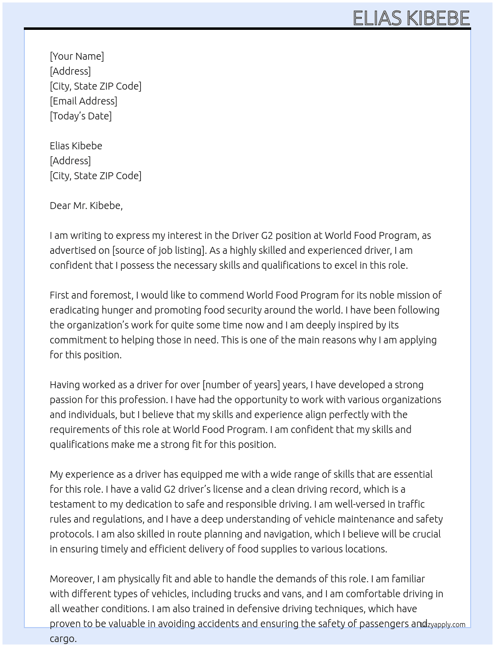 Driver G2 At World Food Program Cover Letter