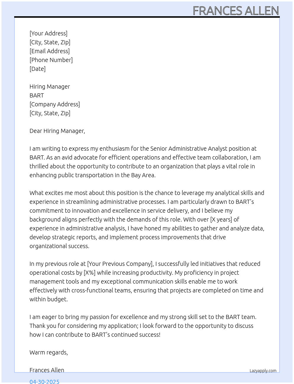 Senior Administrative Analyst At BART Cover Letter