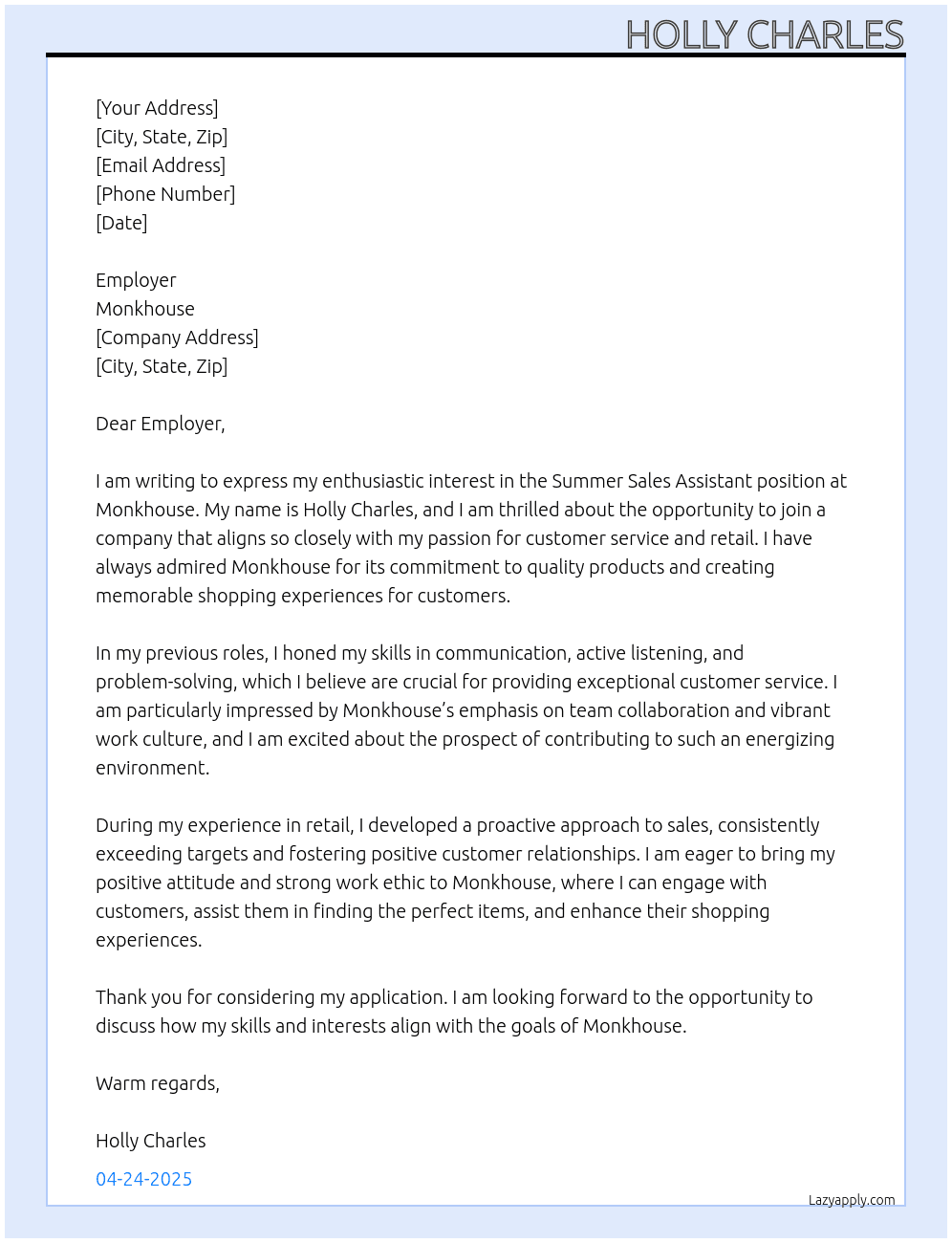 Cover letter for summer sales assistant - LazyApply