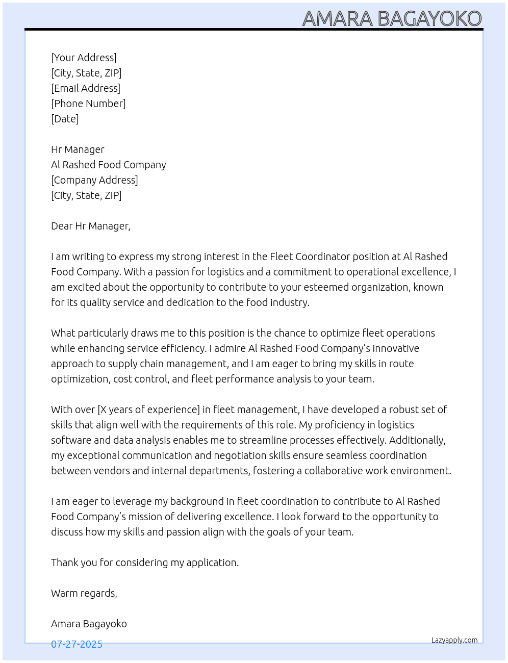 Fleet Coordinator  At  Al Rashed Food Company Cover Letter