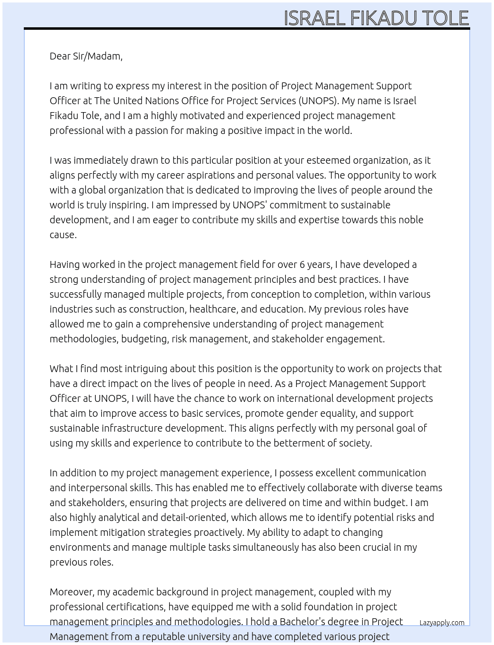 Cover letter for project management support officer - LazyApply