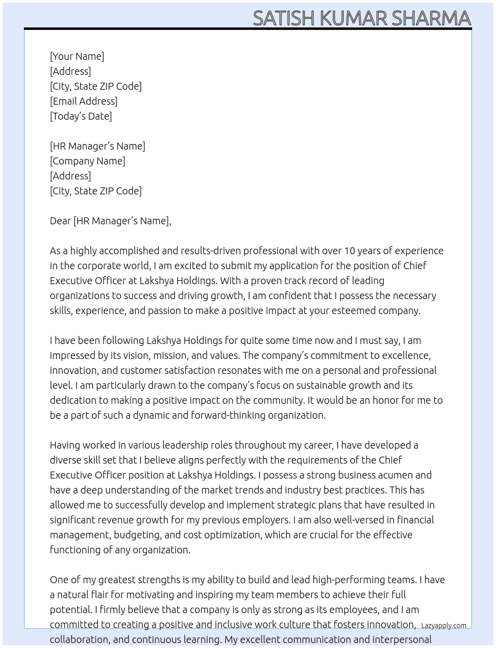 Chief executive officer  At Lakshya holdings Cover Letter