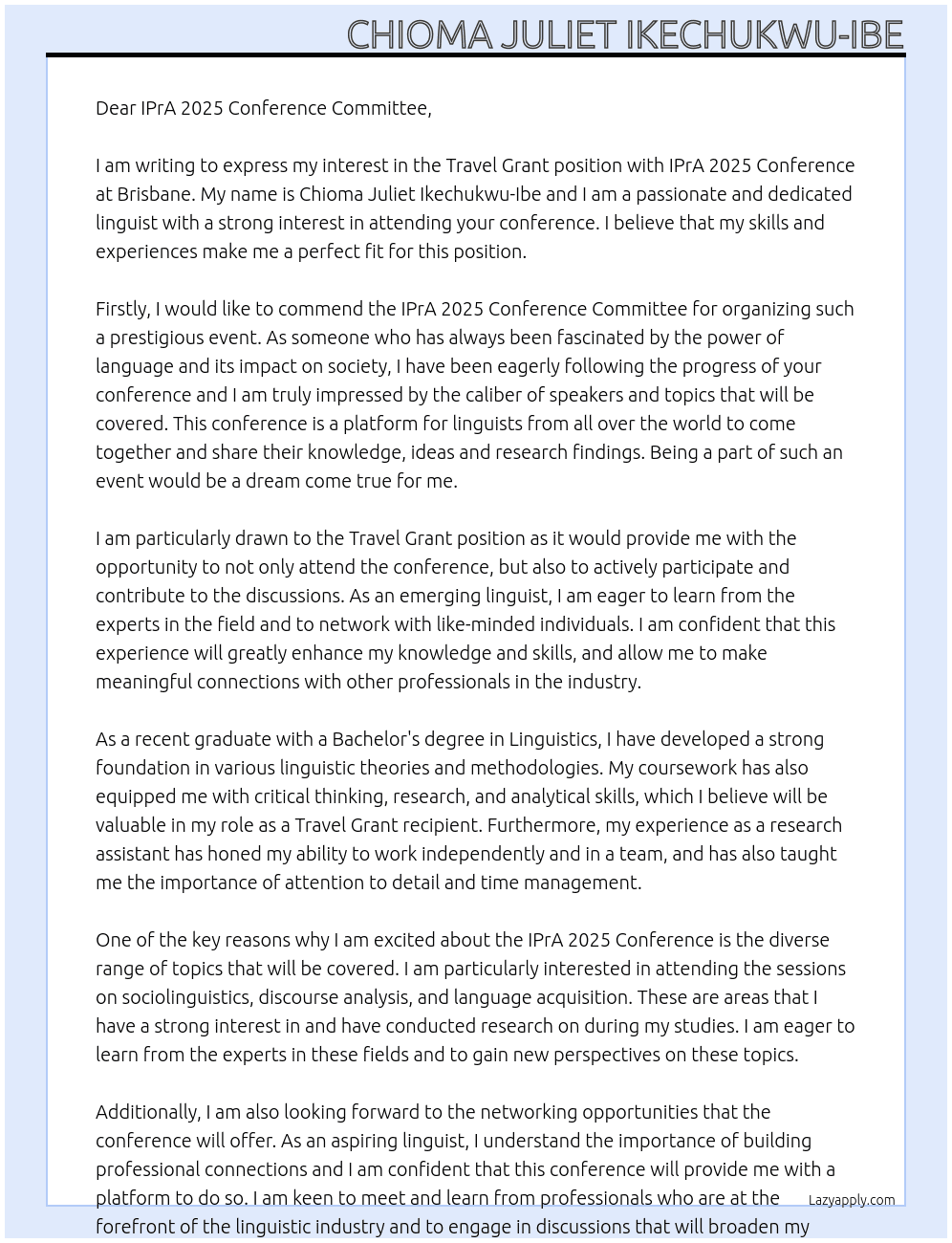 Travel grant At IPrA 2025 Conference at Brisbane Cover Letter