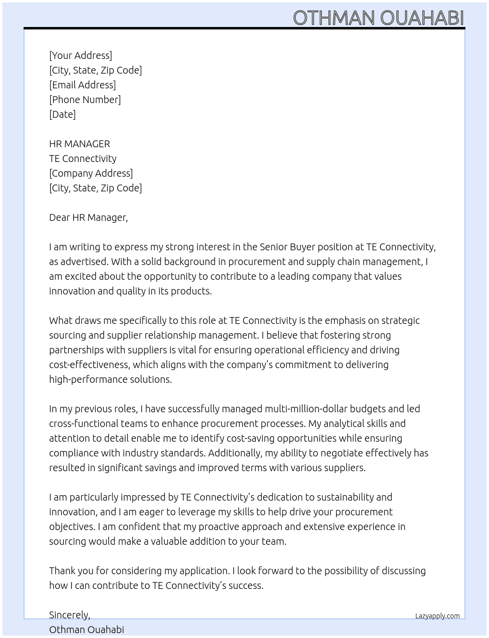 Senior Buyer At TE Connectivity  Cover Letter