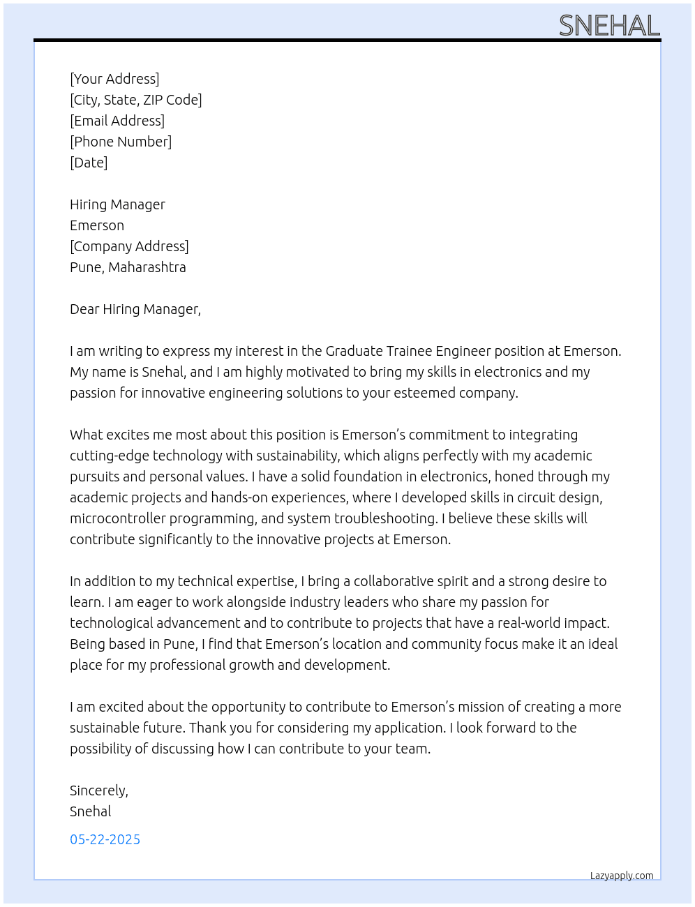Graduate trainee engineer At Emerson Cover Letter