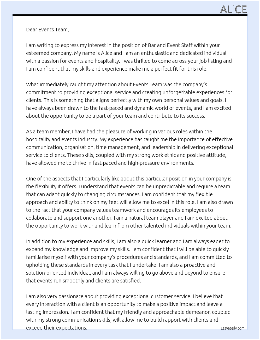 Bar and event staff At Events team Cover Letter